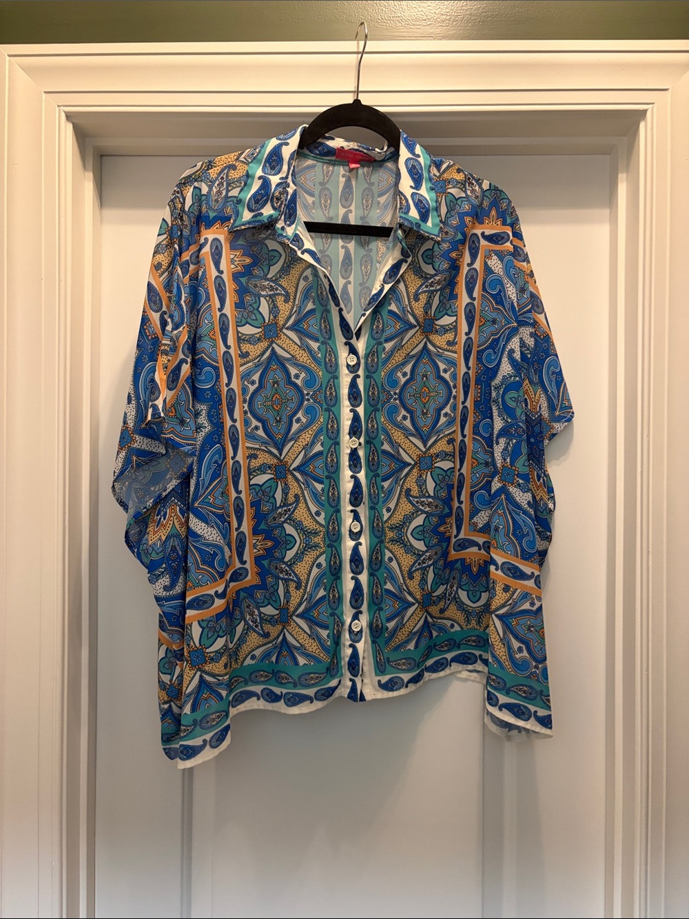 Flying Tomato Blue Paisley Short-Sleeve Blouse with Teal & Tan Accents